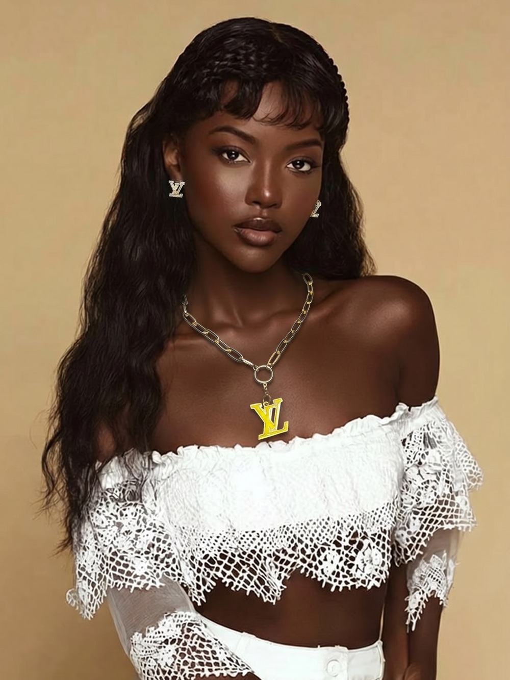 Yellow LV necklace set with miniature earrings-fashion jewelry